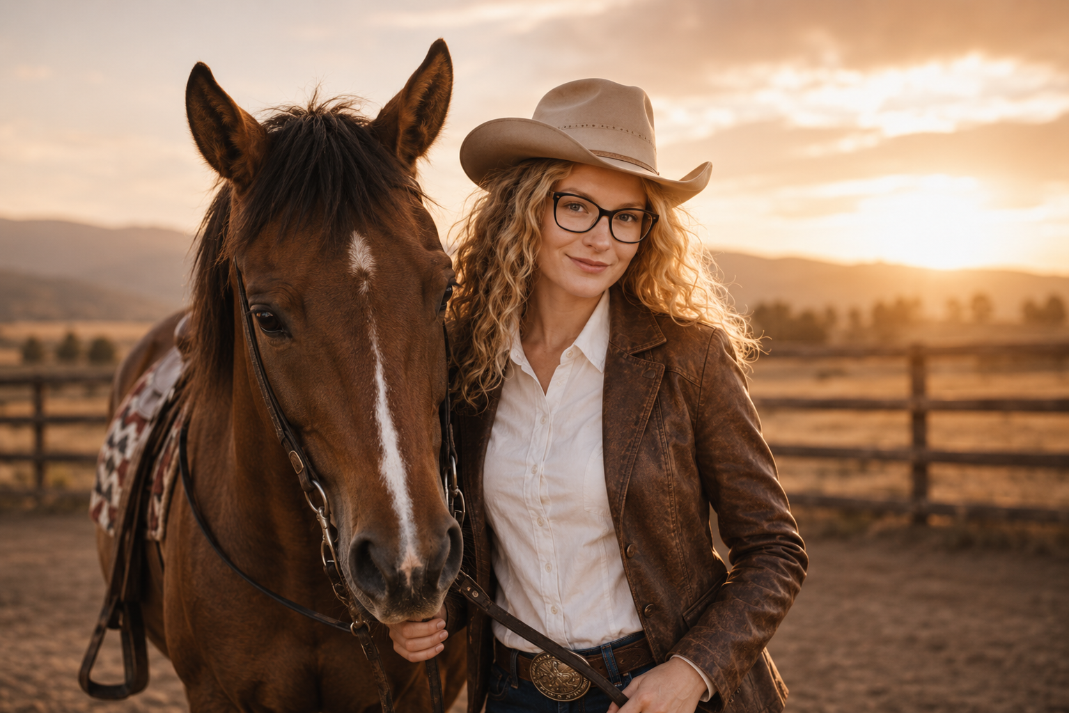 Reiterin mit Pferd im Abendlicht